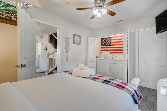 111 N 14th St, Colorado Springs, CO 80904 - carpeted bedroom featuring separate washer and dryer and ceiling fan