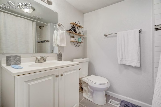 111 N 14th St, Colorado Springs, CO 80904 - bathroom featuring toilet, baseboards, vanity, a shower with shower curtain, and tile patterned floors