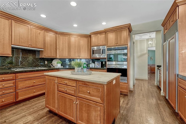 16150 Cliffrock Ct, Colorado Springs, CO 80921 - kitchen featuring stainless steel appliances, wood finished floors, decorative backsplash, under cabinet range hood, and recessed lighting