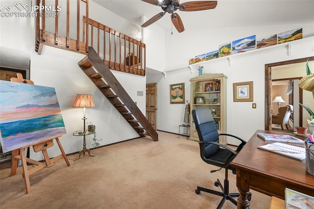 8020 Westwood Rd, Colorado Springs, CO 80919 - carpeted home office with ceiling fan and high vaulted ceiling