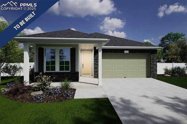 view of front of home featuring stone siding, a garage, concrete driveway, and roof with shingles