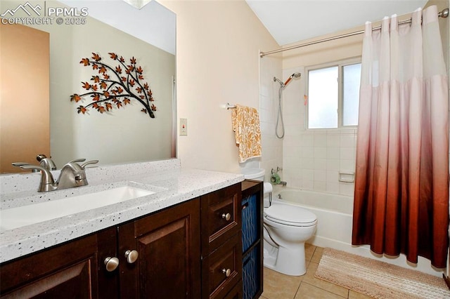 1234 Soaring Eagle Dr, Colorado Springs, CO 80915 - full bathroom with vanity, tile patterned floors, shower / bath combo with shower curtain, toilet, and vaulted ceiling