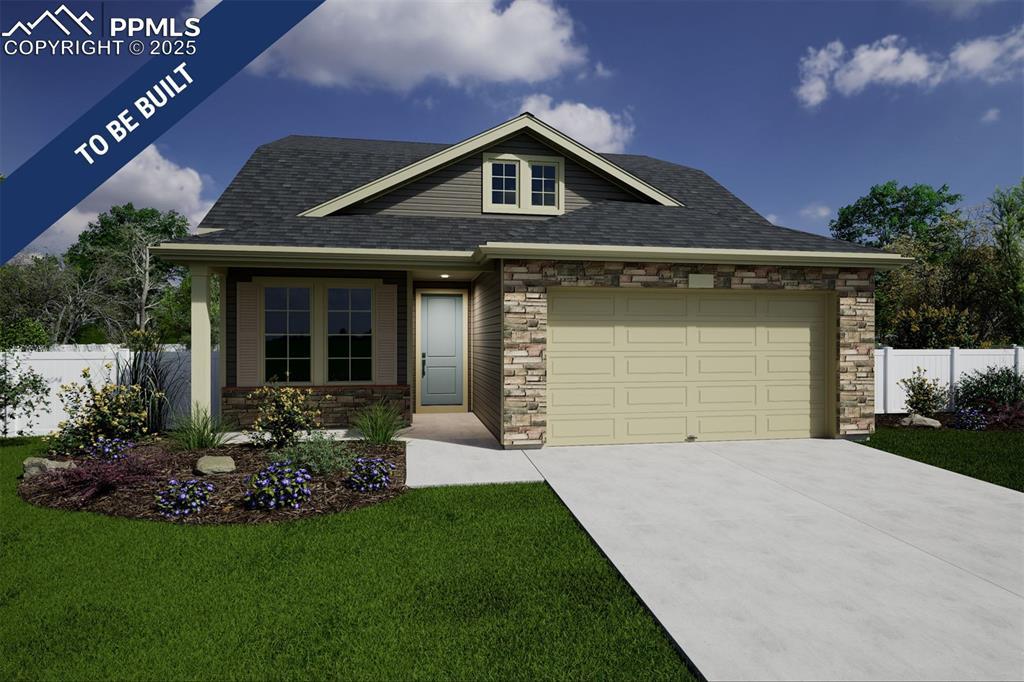 5806 Mireland Vw, Colorado Springs, CO 80927 - view of front of house with stone siding, an attached garage, driveway, and roof with shingles