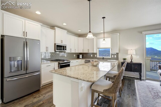 2062 Lone Willow Vw, Colorado Springs, CO 80904 - kitchen with appliances with stainless steel finishes, a sink, dark wood finished floors, a kitchen island, and recessed lighting