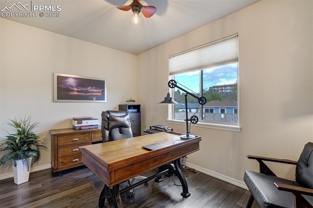 2062 Lone Willow Vw, Colorado Springs, CO 80904 - office area featuring baseboards, dark wood-style floors, and a ceiling fan