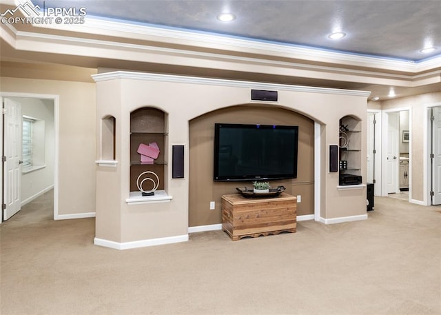 12515 Broad Oaks Dr, Colorado Springs, CO 80921 - living area with a raised ceiling, crown molding, carpet floors, baseboards, and recessed lighting