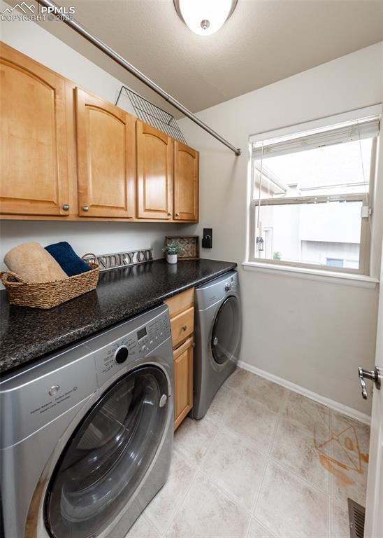 12515 Broad Oaks Dr, Colorado Springs, CO 80921 - laundry area with cabinet space, baseboards, and separate washer and dryer