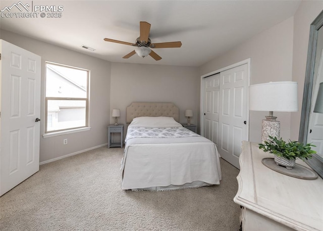 12515 Broad Oaks Dr, Colorado Springs, CO 80921 - bedroom with baseboards, carpet floors, a closet, and a ceiling fan