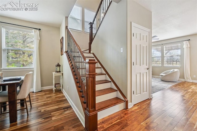 8445 Jacks Fork Dr, Colorado Springs, CO 80924 - staircase with wood finished floors and baseboards