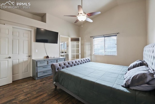 7719 Paca Pl, Fountain, CO 80817 - bedroom with dark wood-type flooring, vaulted ceiling, and ceiling fan