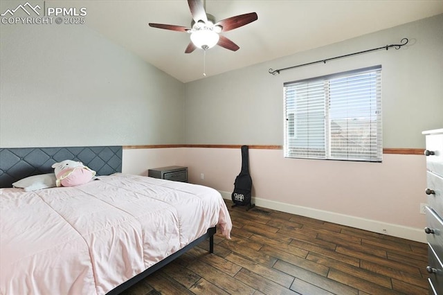 7719 Paca Pl, Fountain, CO 80817 - bedroom with wood finished floors, baseboards, lofted ceiling, and a ceiling fan