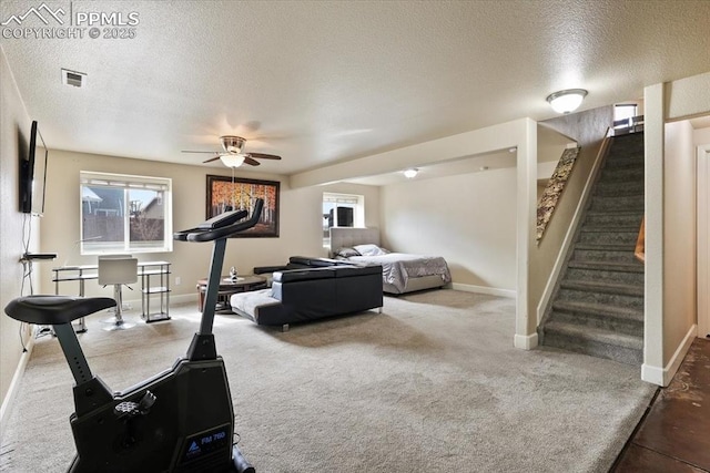 7719 Paca Pl, Fountain, CO 80817 - workout area with a textured ceiling, carpet floors, baseboards, and ceiling fan
