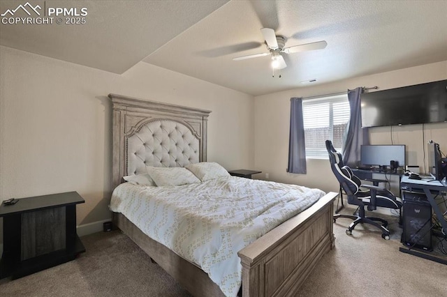 7719 Paca Pl, Fountain, CO 80817 - bedroom featuring carpet, an office area, ceiling fan, baseboards, and a textured ceiling