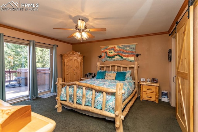 1053 Kings Crown Rd, Woodland Park, CO 80863 - bedroom with access to exterior, dark carpet, crown molding, a barn door, and a ceiling fan