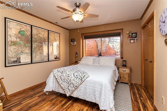 1053 Kings Crown Rd, Woodland Park, CO 80863 - bedroom featuring wood finished floors, ornamental molding, ceiling fan, and baseboards