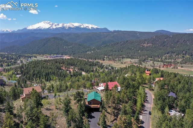 1053 Kings Crown Rd, Woodland Park, CO 80863 - aerial view of property and surrounding area featuring a mountain backdrop and a heavily wooded area