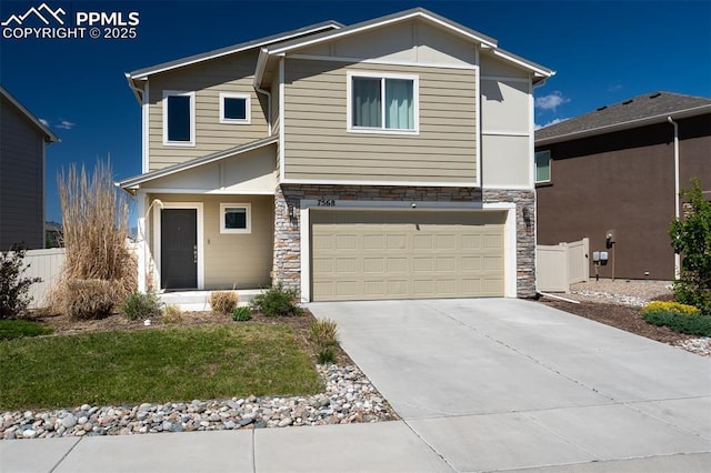 7568 Benecia Dr, Fountain, CO 80817 - view of front facade featuring stone siding, a garage, and concrete driveway