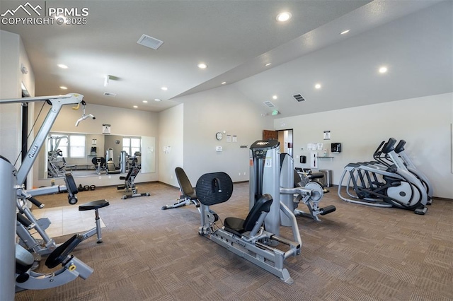 7568 Benecia Dr, Fountain, CO 80817 - exercise room with carpet flooring, recessed lighting, high vaulted ceiling, and baseboards