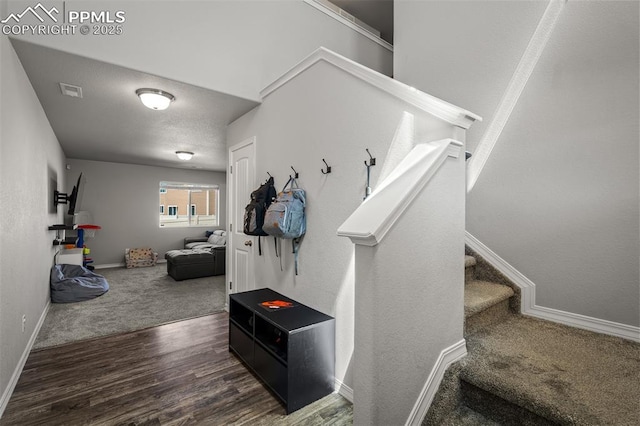7568 Benecia Dr, Fountain, CO 80817 - mudroom featuring baseboards, wood finished floors, and carpet