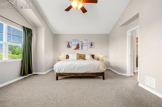 9883 Red Sage Dr, Colorado Springs, CO 80920 - bedroom with carpet floors, baseboards, lofted ceiling, and a ceiling fan