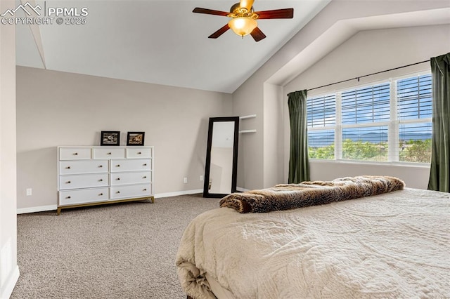 9883 Red Sage Dr, Colorado Springs, CO 80920 - carpeted bedroom with vaulted ceiling, baseboards, and ceiling fan