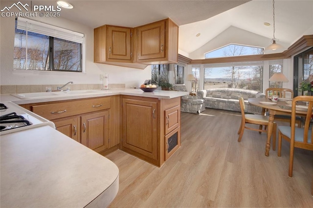 65 Sunshine Loop, Fairplay, CO 80440 - kitchen with lofted ceiling, light wood-style floors, light countertops, open floor plan, and a sink