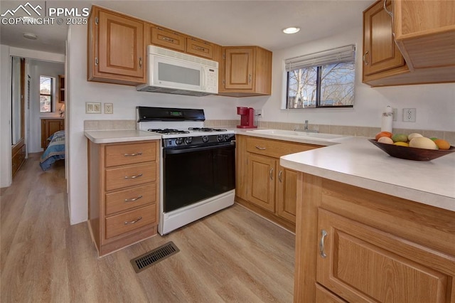 65 Sunshine Loop, Fairplay, CO 80440 - kitchen featuring white microwave, gas range, light wood-style flooring, light countertops, and a sink