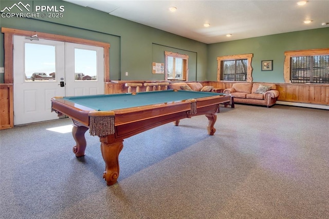 65 Sunshine Loop, Fairplay, CO 80440 - game room featuring wainscoting, baseboard heating, pool table, carpet floors, and recessed lighting