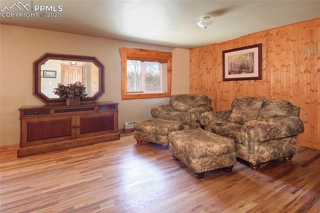 65 Sunshine Loop, Fairplay, CO 80440 - living room featuring light wood finished floors, wood walls, and baseboard heating