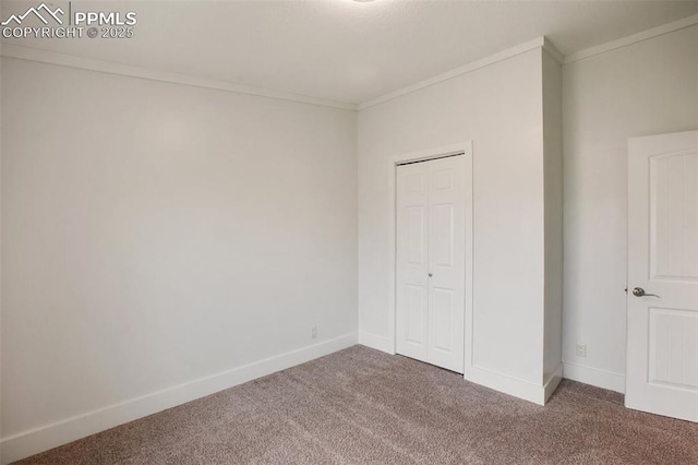 527 Golden Grain Ln, Divide, CO 80814 - unfurnished bedroom featuring carpet floors, crown molding, baseboards, and a closet