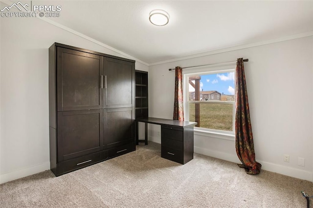 527 Golden Grain Ln, Divide, CO 80814 - unfurnished bedroom featuring crown molding, vaulted ceiling, light carpet, and baseboards