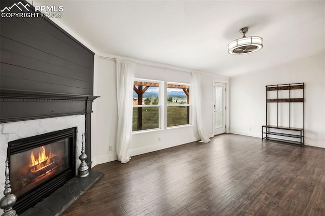 527 Golden Grain Ln, Divide, CO 80814 - unfurnished living room with a glass covered fireplace, wood finished floors, and baseboards