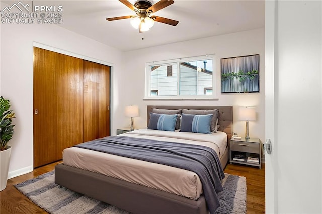 1604 E Kiowa St, Colorado Springs, CO 80909 - bedroom with wood finished floors, a closet, and a ceiling fan