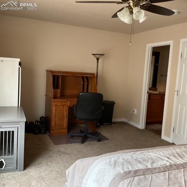 71 Mt Elbert Dr, Florissant, CO 80816 - carpeted bedroom with a ceiling fan, ensuite bath, and baseboards