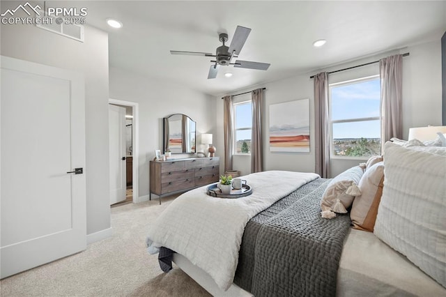 3071 Curly Grv, Colorado Springs, CO 80922 - bedroom featuring recessed lighting, light colored carpet, baseboards, and a ceiling fan
