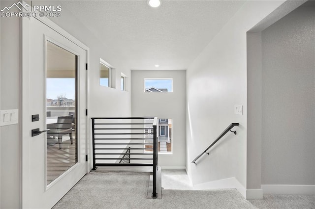 3071 Curly Grv, Colorado Springs, CO 80922 - staircase with carpet floors, baseboards, and a textured ceiling