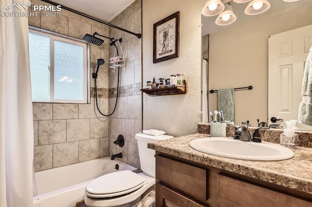 3566 Verde Dr, Colorado Springs, CO 80910 - full bath with toilet, shower / bath combo, vanity, and a textured wall