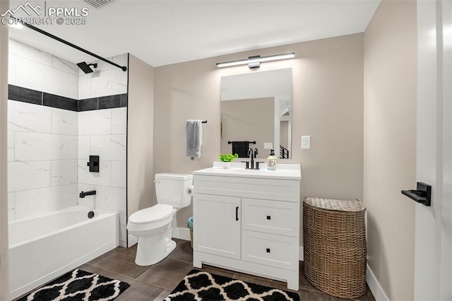 2625 Steele St, Denver, CO 80205 - bathroom featuring toilet, vanity, shower / tub combination, and baseboards