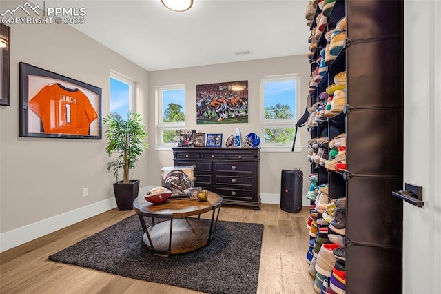 2625 Steele St, Denver, CO 80205 - rec room featuring baseboards, wood finished floors, and plenty of natural light