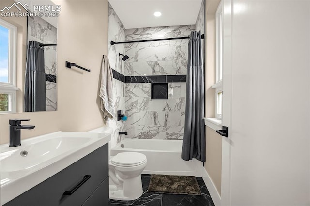 2625 Steele St, Denver, CO 80205 - bathroom with marble finish floors, toilet, vanity, shower / bath combination with curtain, and baseboards