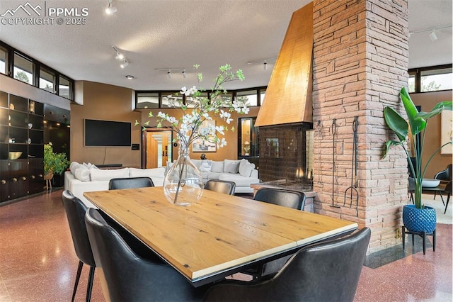 312 Lake Ave, Colorado Springs, CO 80906 - dining area featuring rail lighting, speckled floor, a fireplace, and a textured ceiling