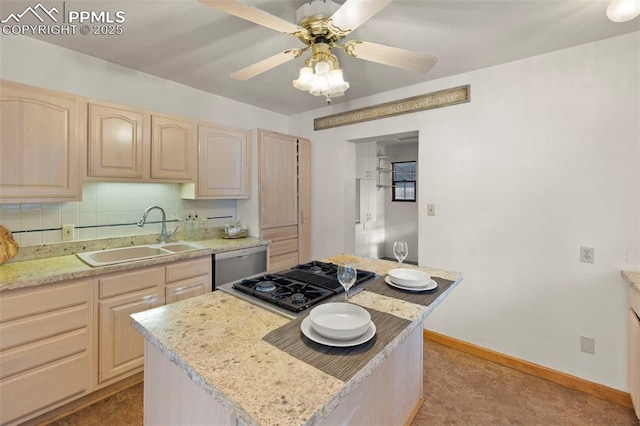 229 E Washington St, Colorado Springs, CO 80907 - kitchen with a sink, light brown cabinetry, dishwasher, stovetop with downdraft, and a center island