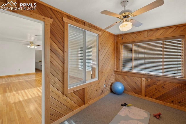 229 E Washington St, Colorado Springs, CO 80907 - workout room with ceiling fan, baseboards, and wood walls