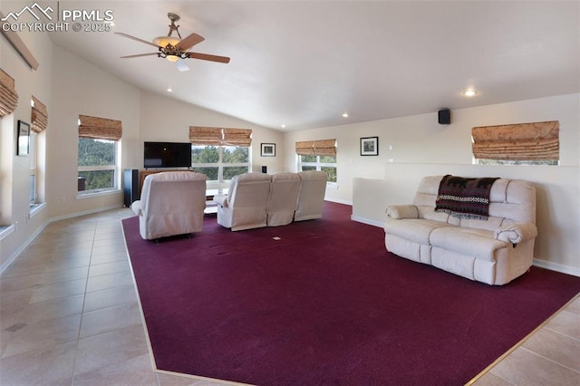610 Matterhorn Cir, Westcliffe, CO 81252 - living room featuring tile patterned floors, a ceiling fan, vaulted ceiling, baseboards, and recessed lighting