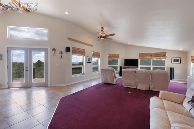 610 Matterhorn Cir, Westcliffe, CO 81252 - tiled living room with lofted ceiling, a ceiling fan, french doors, recessed lighting, and baseboards