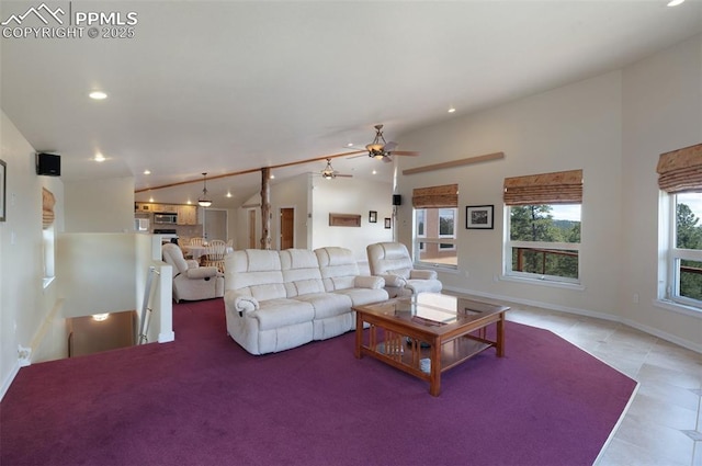 610 Matterhorn Cir, Westcliffe, CO 81252 - tiled living area with recessed lighting, a ceiling fan, baseboards, and vaulted ceiling