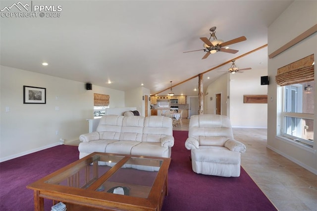 610 Matterhorn Cir, Westcliffe, CO 81252 - living area with a ceiling fan, lofted ceiling, recessed lighting, and baseboards