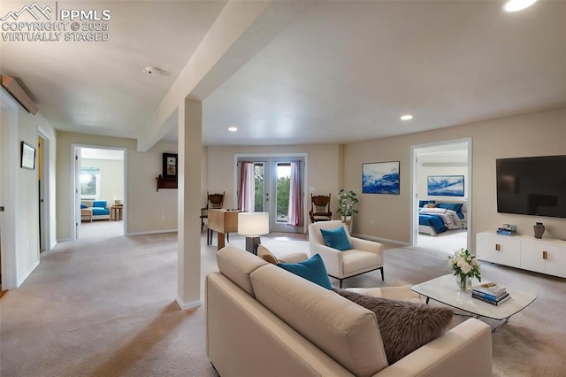 610 Matterhorn Cir, Westcliffe, CO 81252 - living area featuring light colored carpet, recessed lighting, baseboards, and french doors
