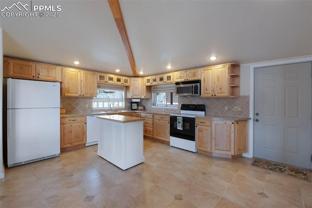 610 Matterhorn Cir, Westcliffe, CO 81252 - kitchen with white appliances, light brown cabinetry, recessed lighting, decorative backsplash, and light countertops
