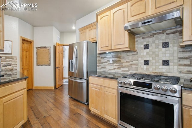20190 Deer Shadow Way, Monument, CO 80132 - kitchen with appliances with stainless steel finishes, under cabinet range hood, light brown cabinets, dark wood finished floors, and dark stone countertops